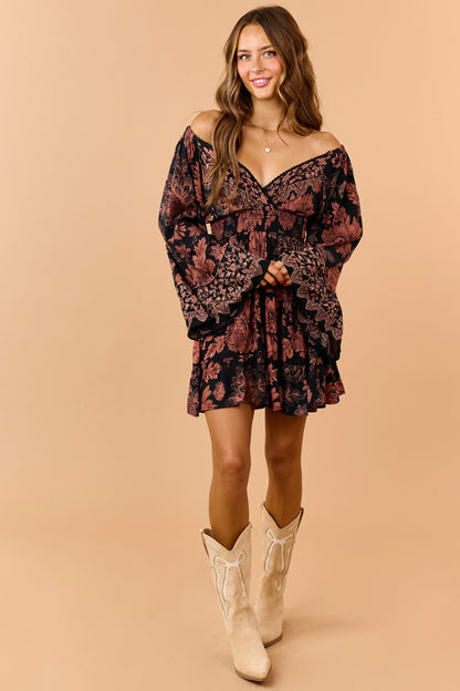 Black and Copper Floral Surplice Neckline Mini Dress