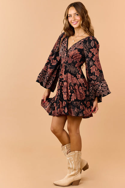 Black and Copper Floral Surplice Neckline Mini Dress