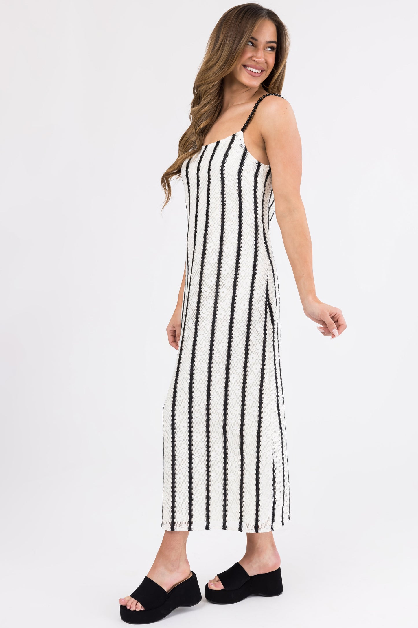 Black and Ivory Striped Bead Strap Maxi Dress