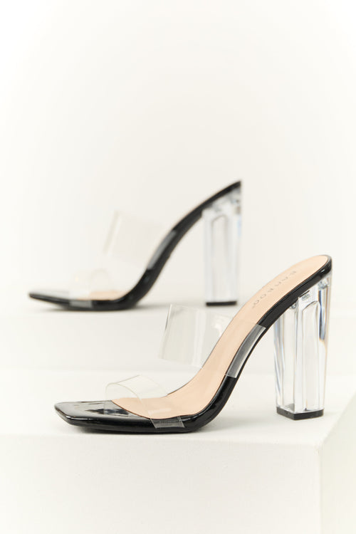 Black Clear Open Toe Block Heels