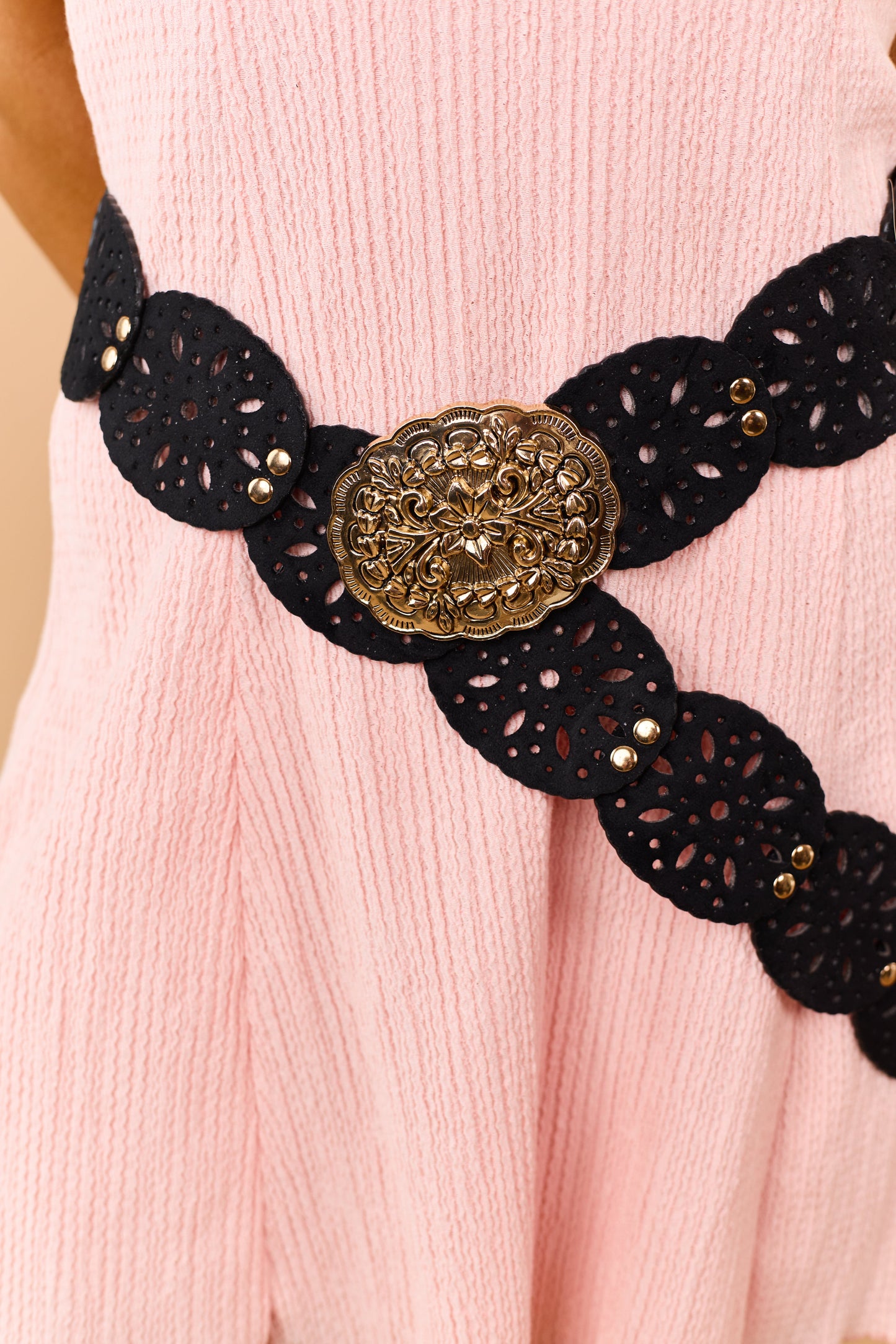 Black Eyelet Faux Leather Gold Buckle Disc Belt