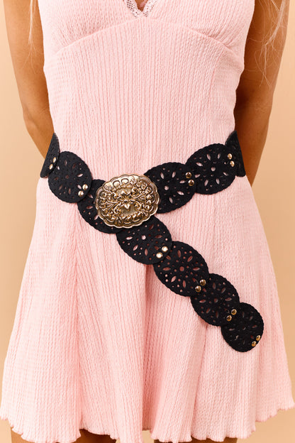 Black Eyelet Faux Leather Gold Buckle Disc Belt