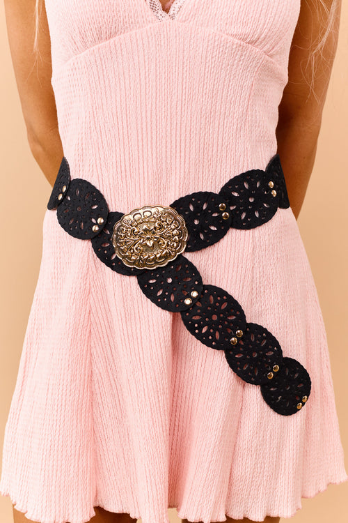 Black Eyelet Faux Leather Gold Buckle Disc Belt