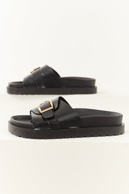 Black Faux Leather Buckle Strap Slip On Sandals