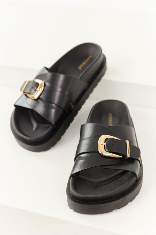 Black Faux Leather Buckle Strap Slip On Sandals