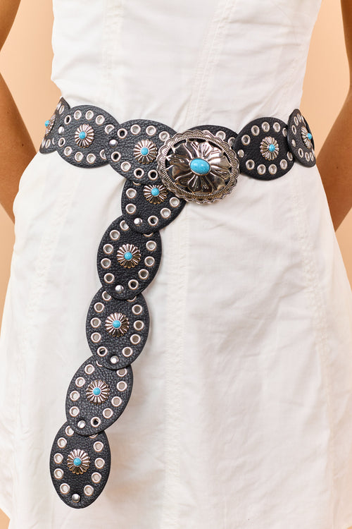 Black Faux Leather Concho Buckle Disc Belt