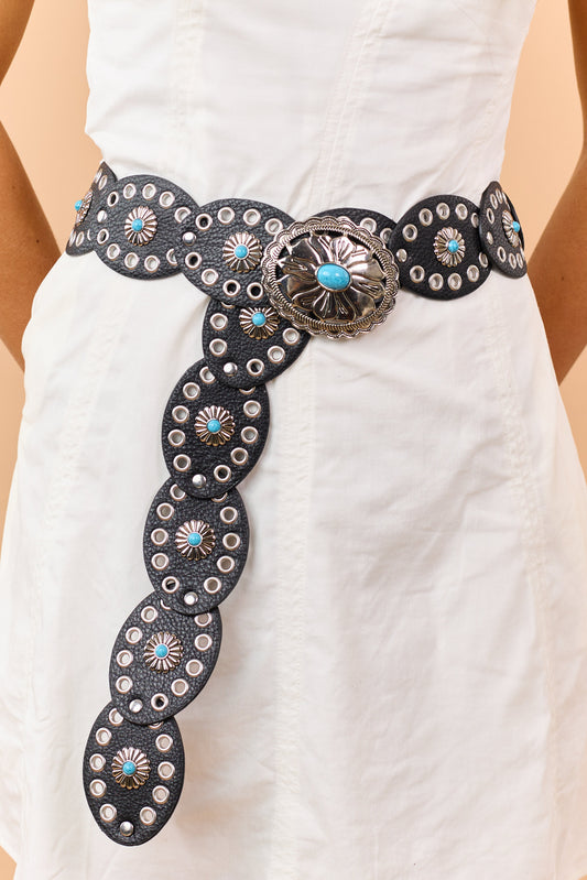 Black Faux Leather Concho Buckle Disc Belt