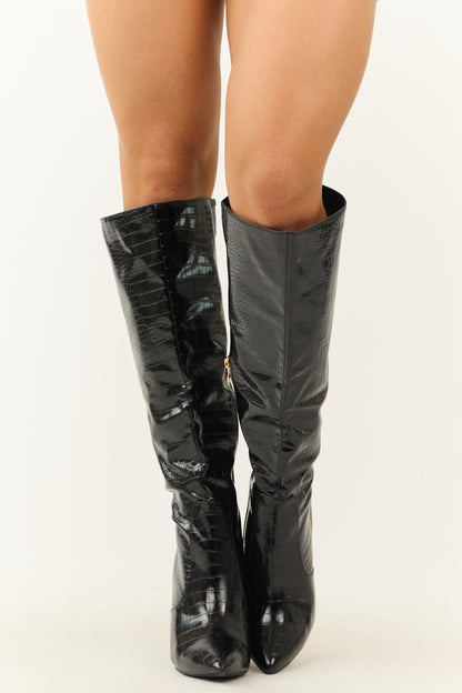 Black Faux Leather Crocodile Heeled Boots