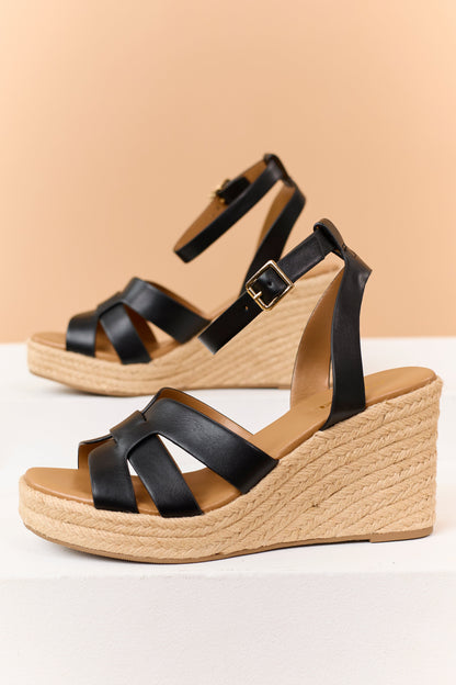 Black Faux Leather Espadrille Platform Wedges