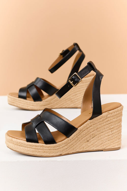 Black Faux Leather Espadrille Platform Wedges