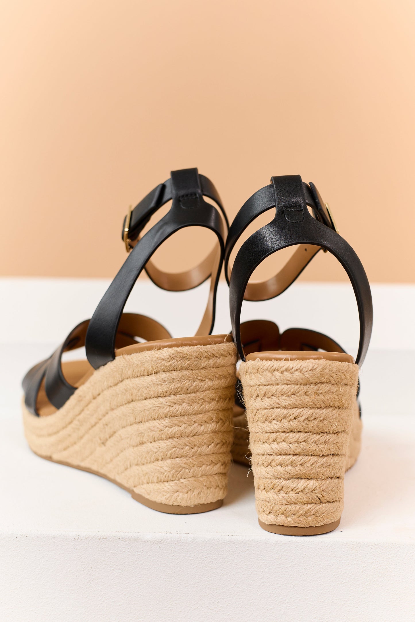 Black Faux Leather Espadrille Platform Wedges