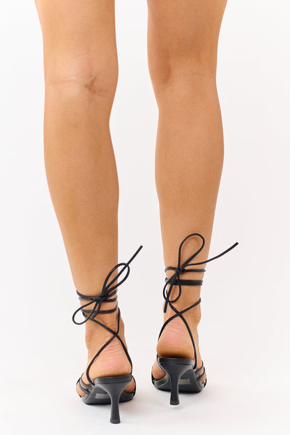 Black Faux Leather Lace Up Ankle Tie Kitten Heels