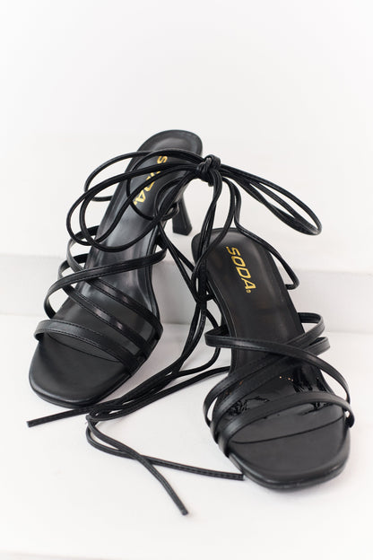 Black Faux Leather Lace Up Ankle Tie Kitten Heels