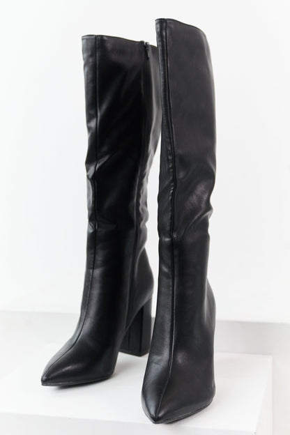 Black Faux Leather Pointed Toe Block Heel Tall Boots