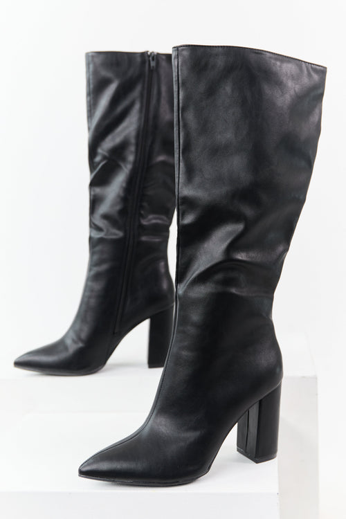 Black Faux Leather Pointed Toe Block Heel Tall Boots