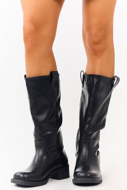 Black Faux Leather Tall Stacked Heel Boots