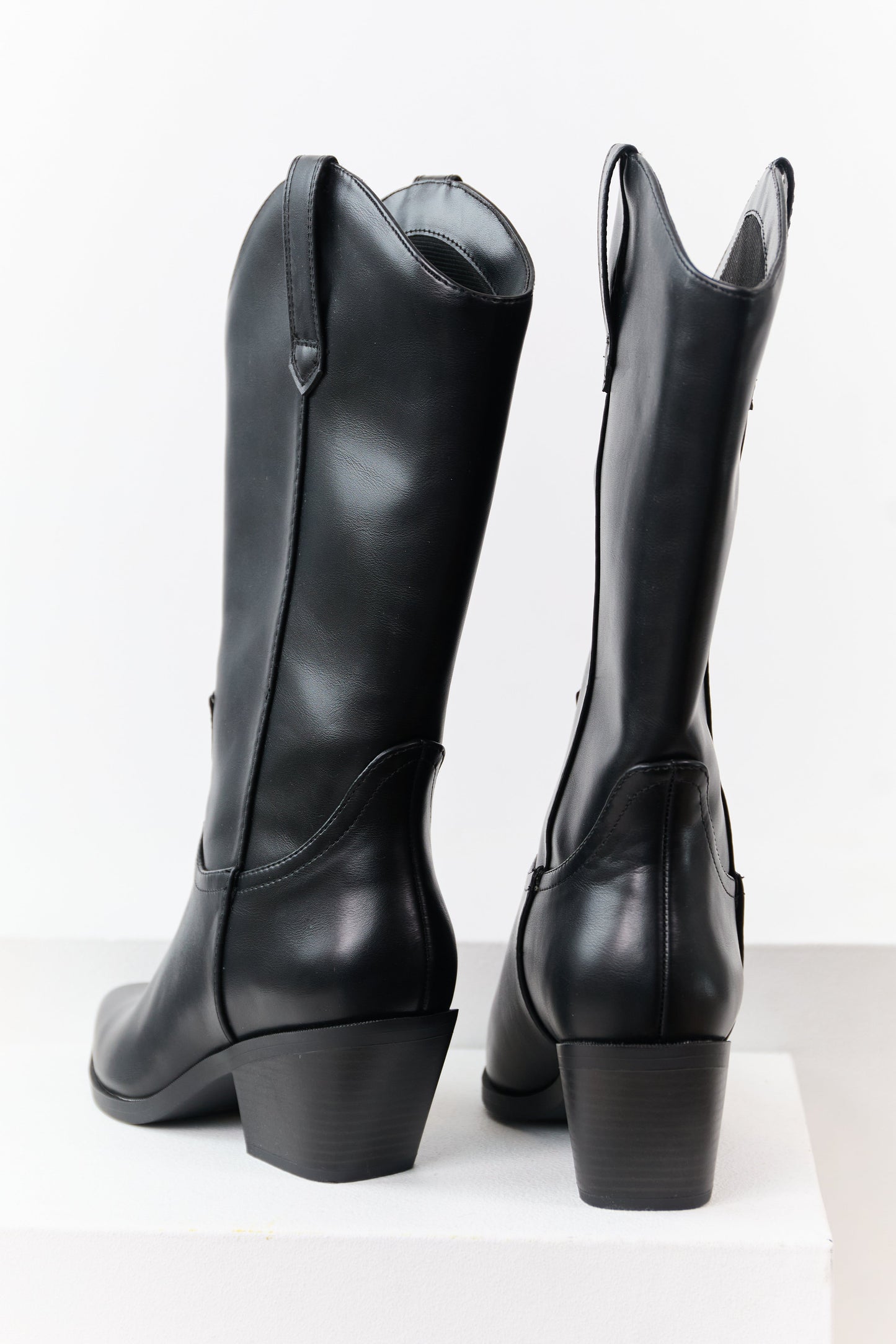 Black Faux Leather Western Style Tall Boots