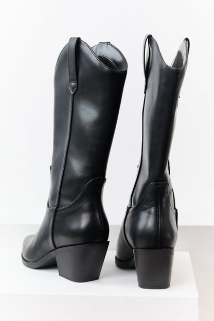 Black Faux Leather Western Style Tall Boots