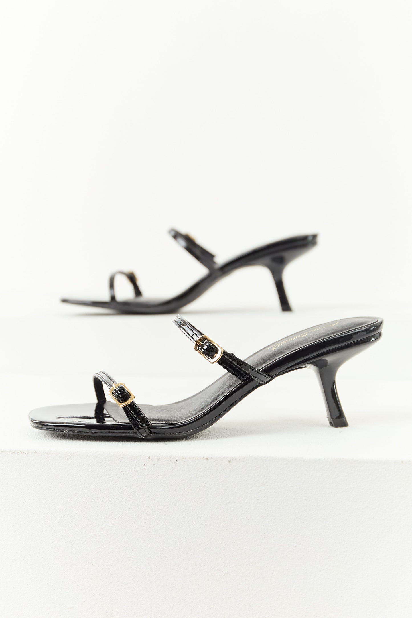 Black Patent Faux Leather Open Toe Slip On Heels