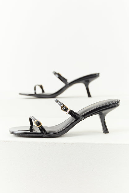 Black Patent Faux Leather Open Toe Slip On Heels