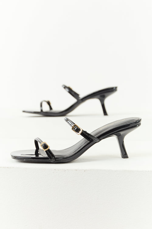 Black Patent Faux Leather Open Toe Slip On Heels