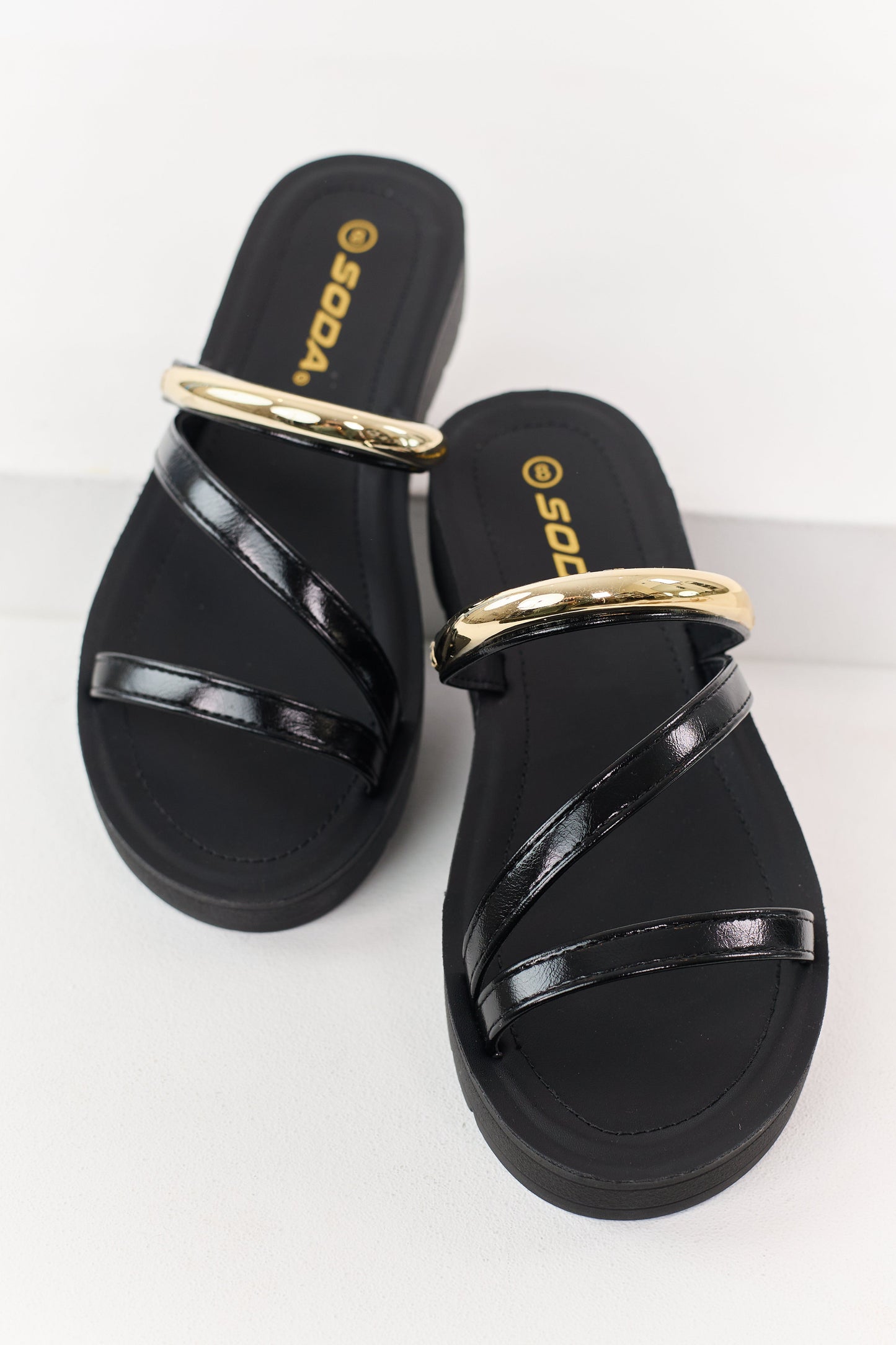 Black Triple Strap Platform Slip On Sandals