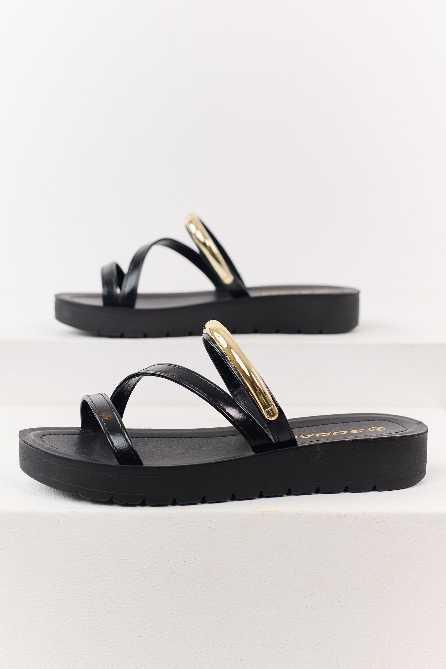 Black Triple Strap Platform Slip On Sandals