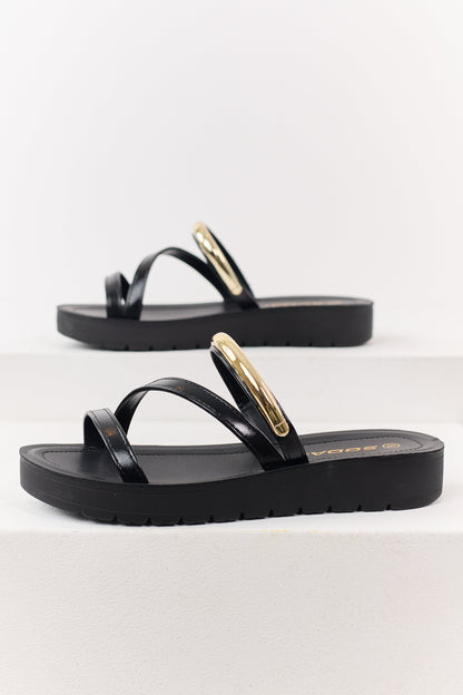 Black Triple Strap Platform Slip On Sandals