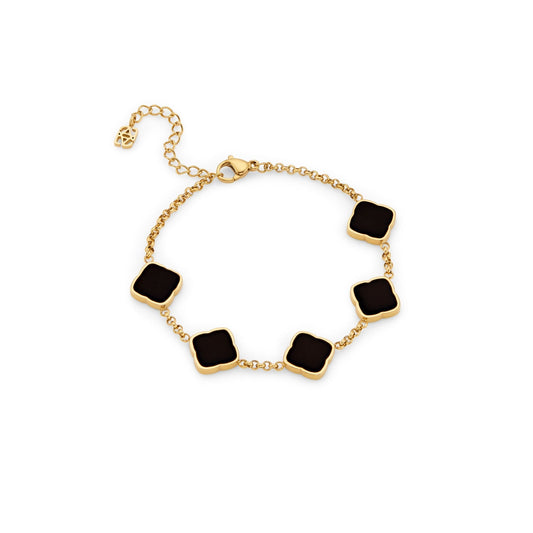 Black Enamel Multi Clover Bracelet (Gold)