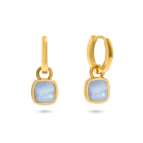 Blue Lace Agate Cushion Huggie Earrings (Gold)