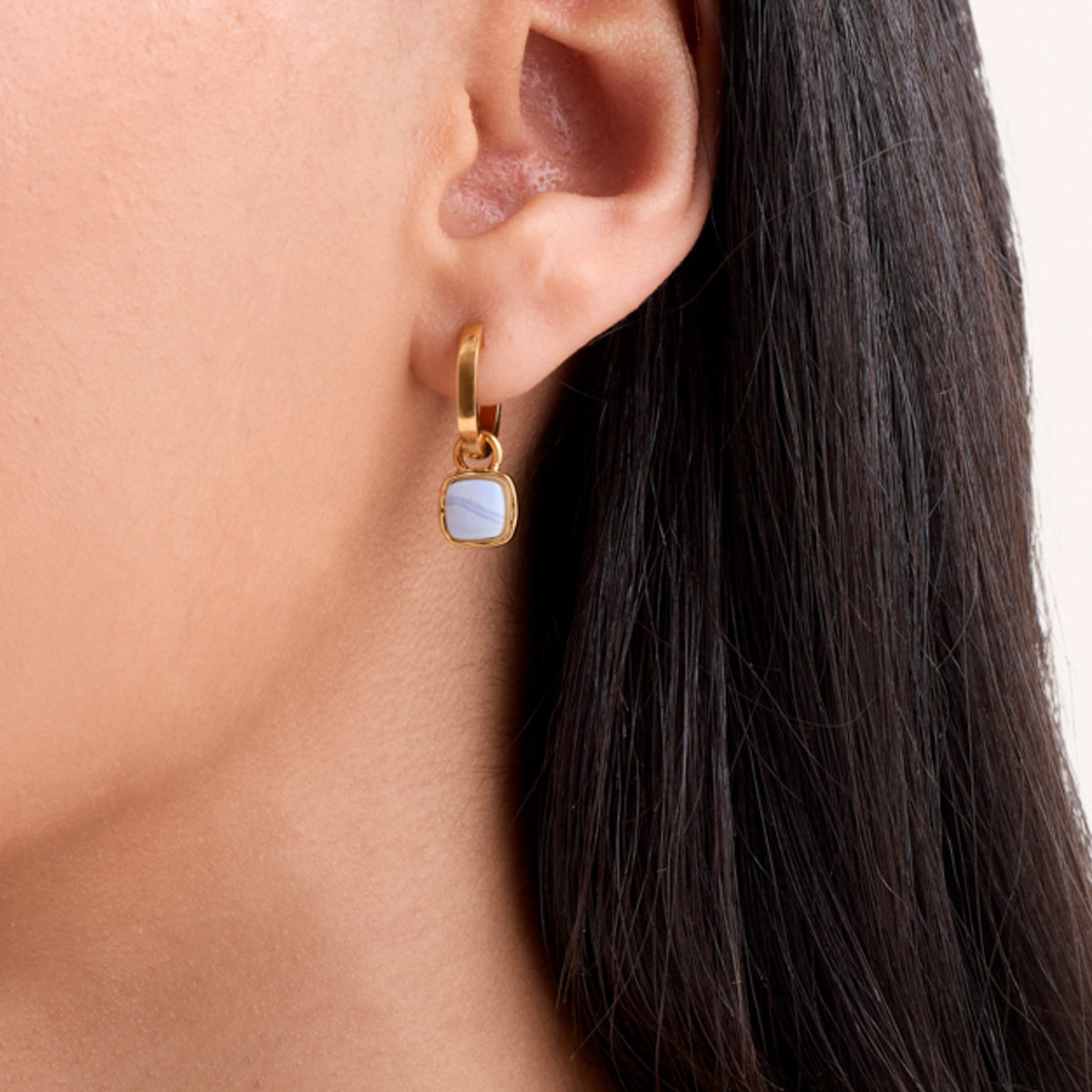 Blue Lace Agate Cushion Huggie Earrings (Gold)