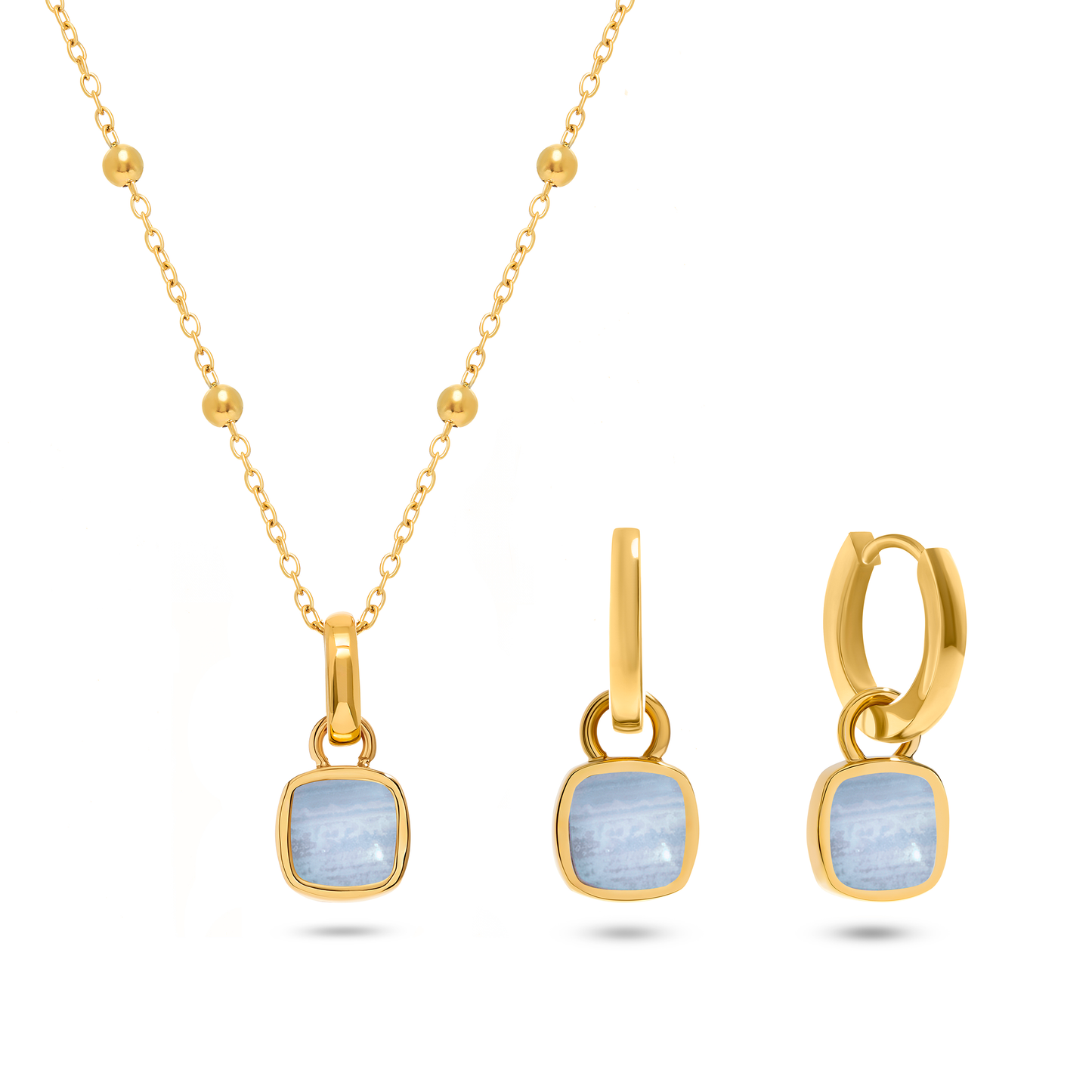 Blue Lace Agate Cushion Necklace & Earrings Set (Gold)