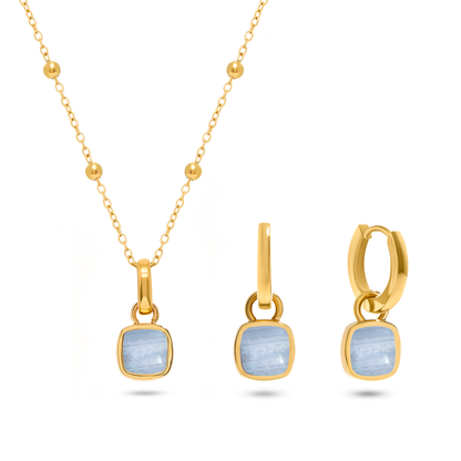 Blue Lace Agate Cushion Necklace & Earrings Set (Gold)