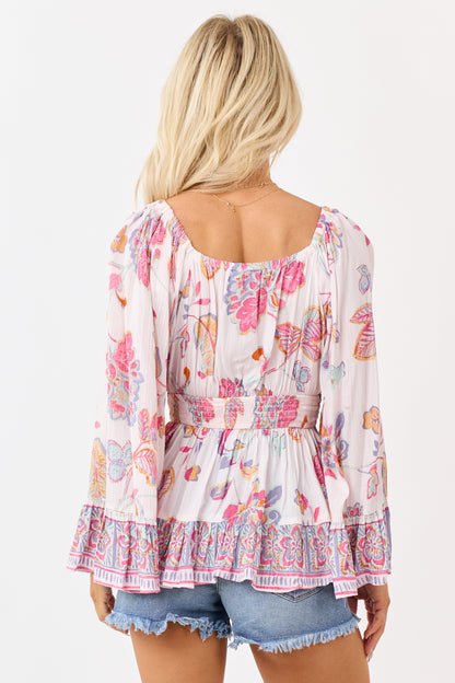 Blush Floral Print Lace Trim Bell Sleeve Top