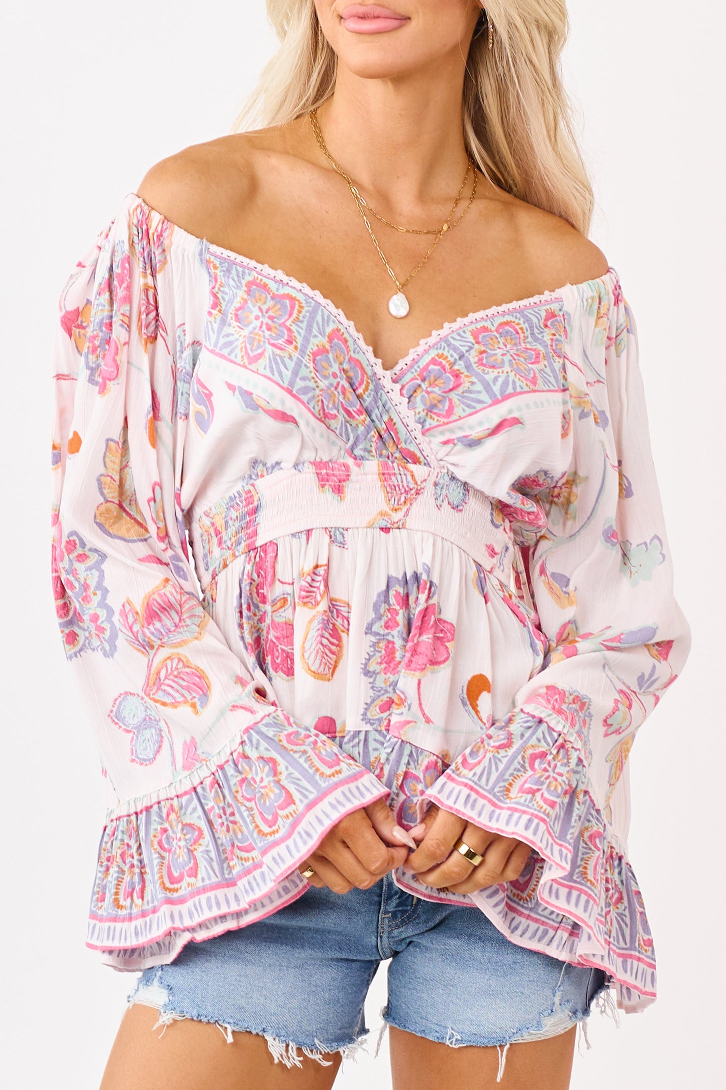 Blush Floral Print Lace Trim Bell Sleeve Top
