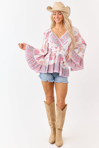 Blush Floral Print Lace Trim Bell Sleeve Top