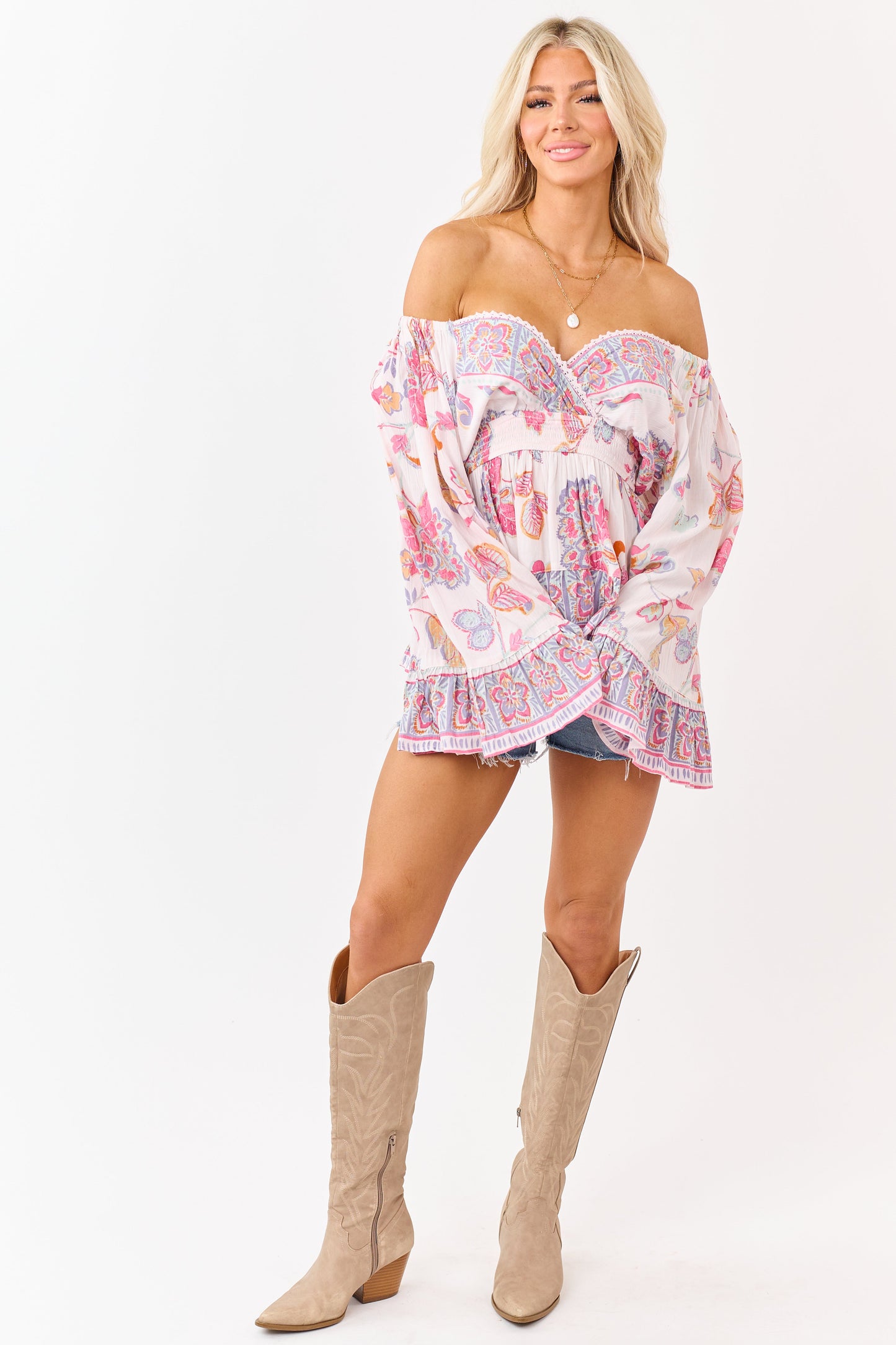 Blush Floral Print Lace Trim Bell Sleeve Top