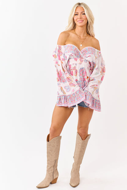 Blush Floral Print Lace Trim Bell Sleeve Top