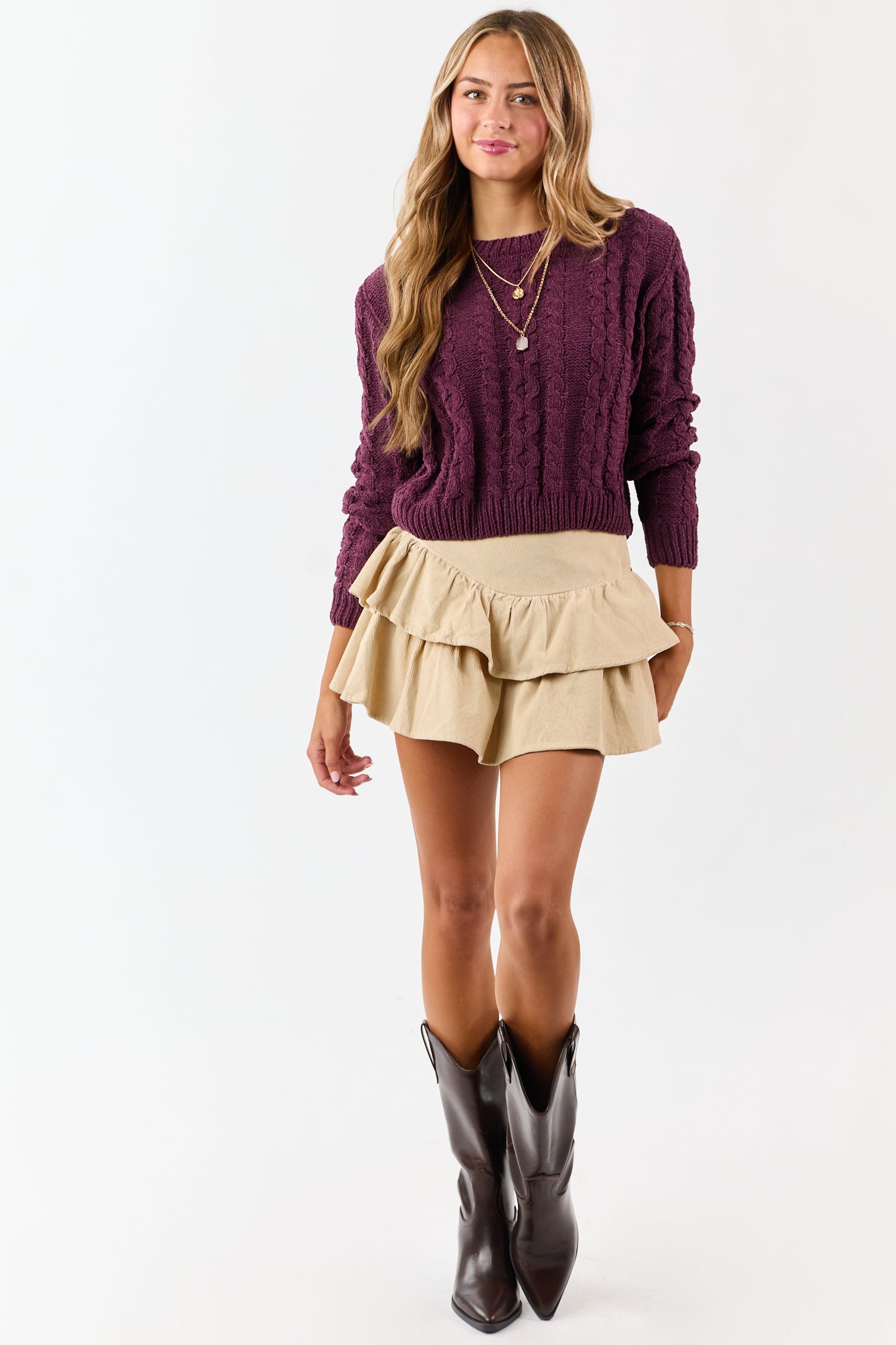 Boysenberry Chenille Cable Knit Sweater