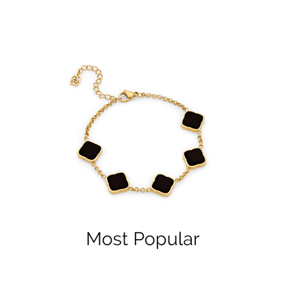 Black Enamel Multi Clover Bracelet - Gold
