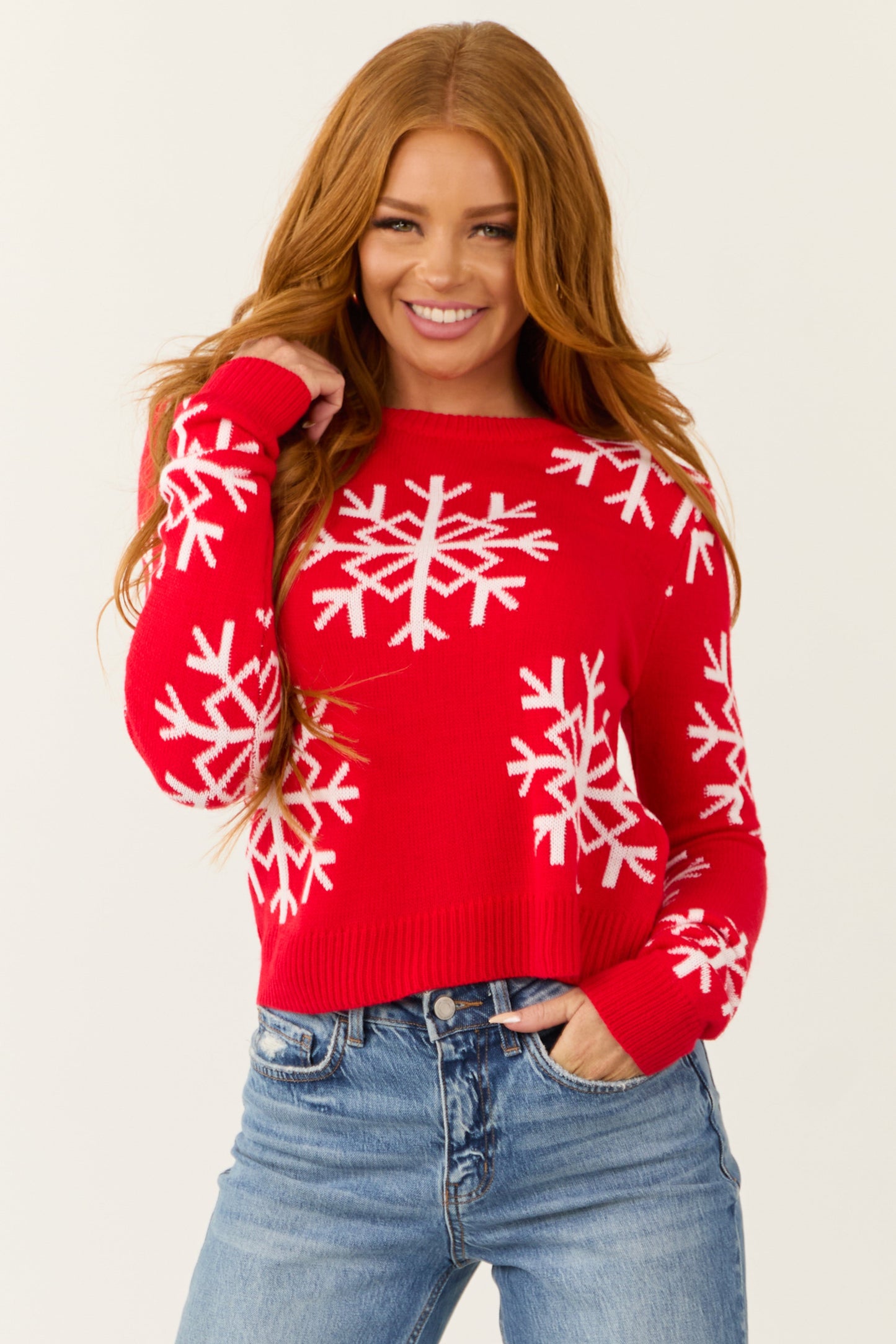 Bright Scarlet Long Sleeve Snowflake Sweater