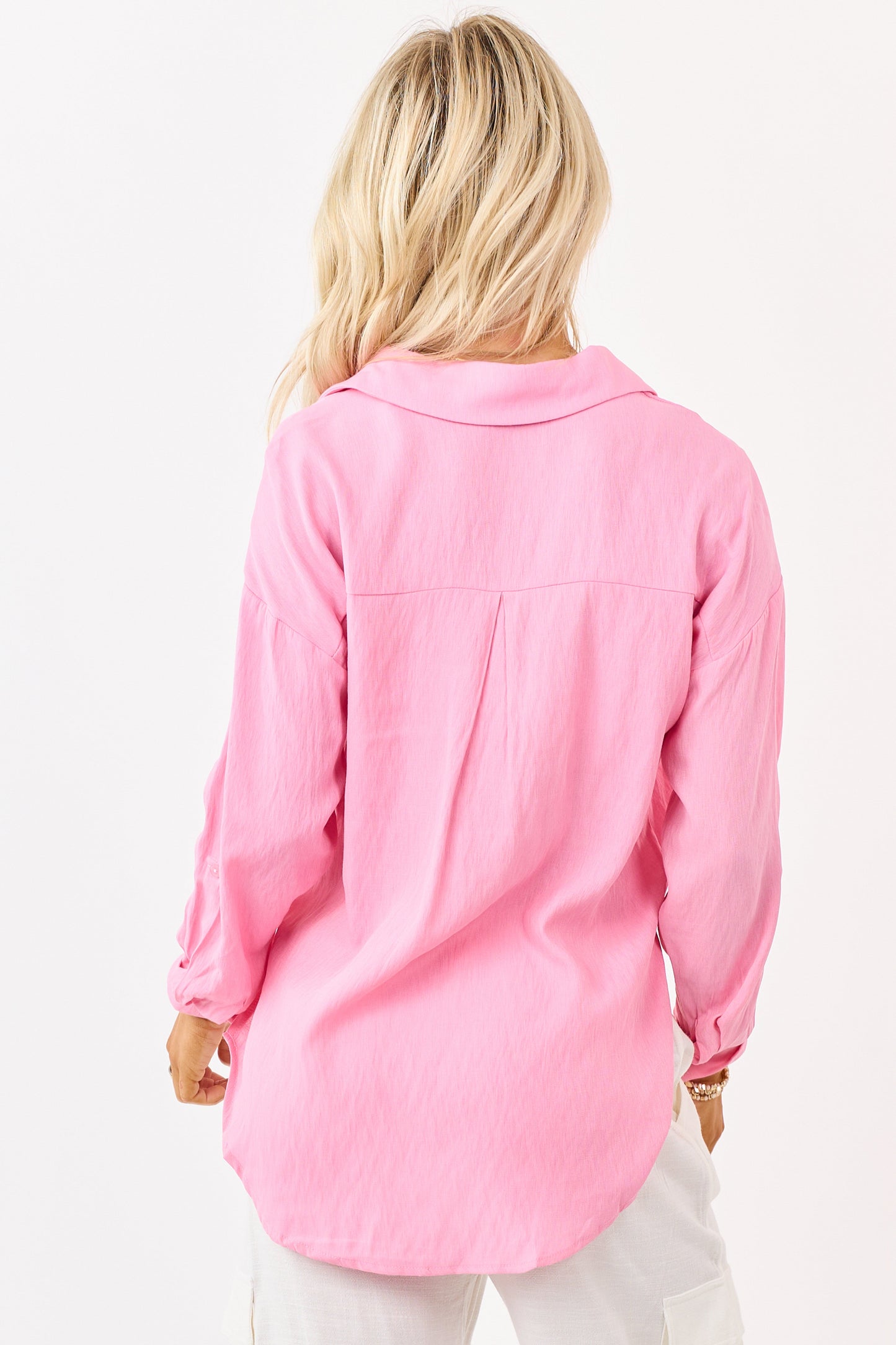 Bubblegum Button Down Side Slit Long Sleeve Top