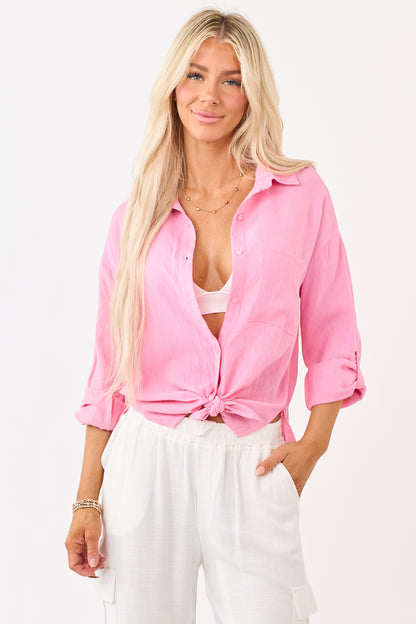 Bubblegum Button Down Side Slit Long Sleeve Top