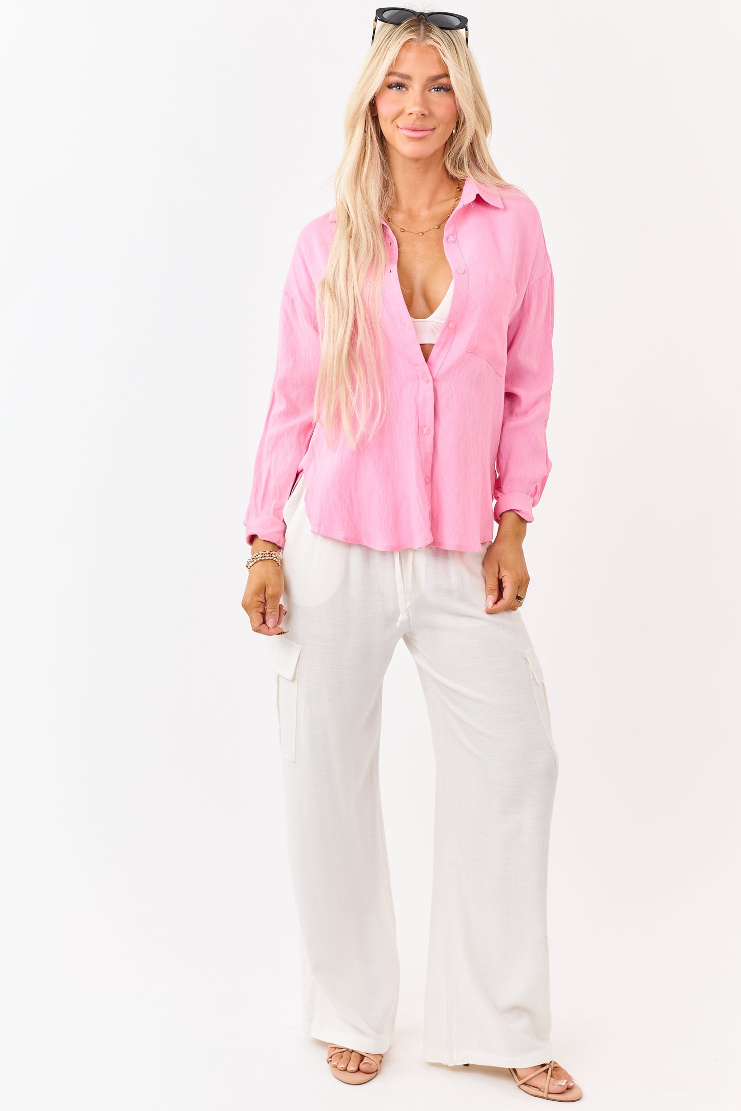 Bubblegum Button Down Side Slit Long Sleeve Top