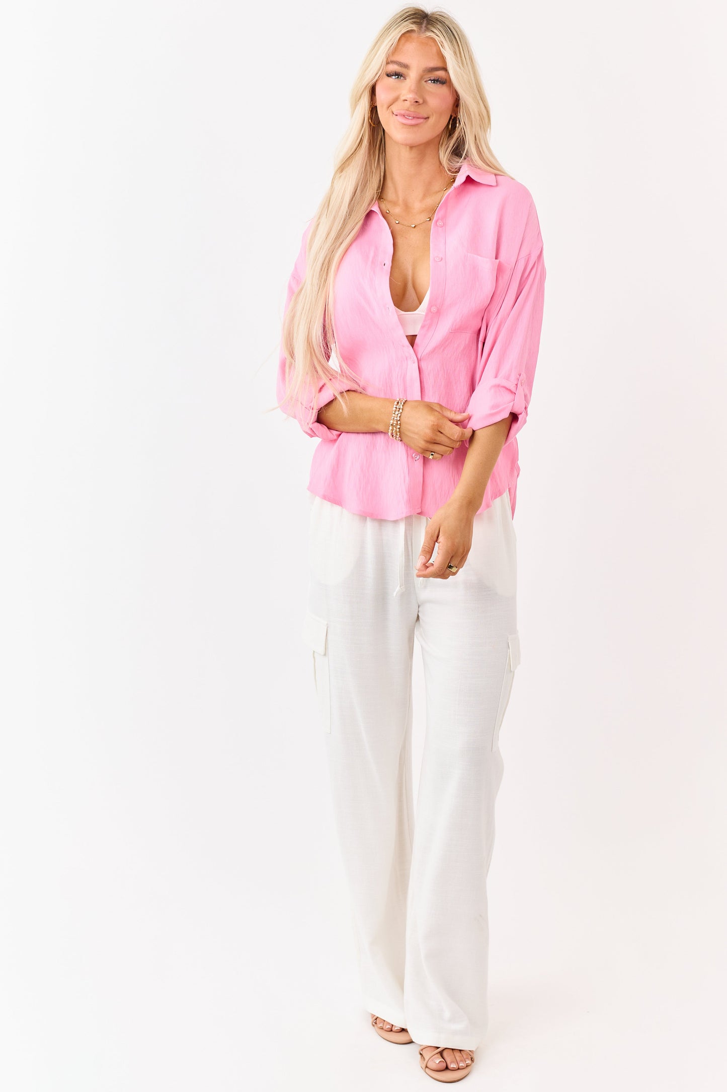 Bubblegum Button Down Side Slit Long Sleeve Top