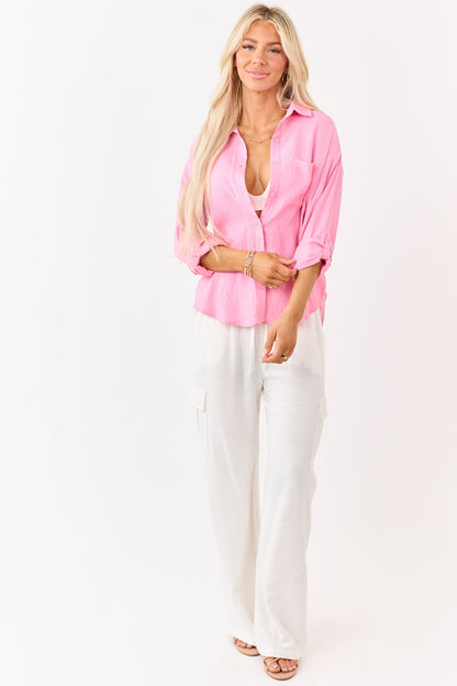 Bubblegum Button Down Side Slit Long Sleeve Top