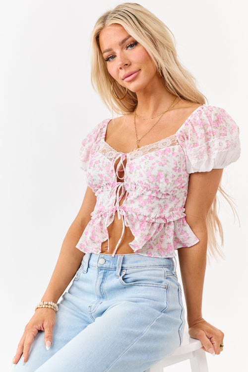 Bubblegum Floral Print Lace Puff Sleeve Top