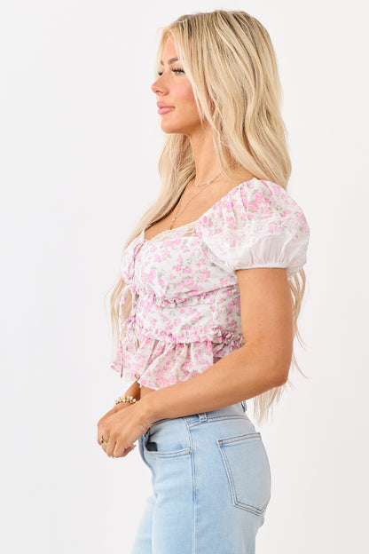 Bubblegum Floral Print Lace Puff Sleeve Top