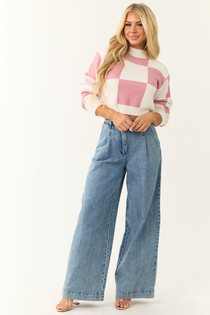 Bubblegum and Ivory Checkered Crop Sweater