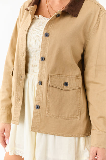 Camel Denim Contrast Corduroy Collar Button Up Jacket